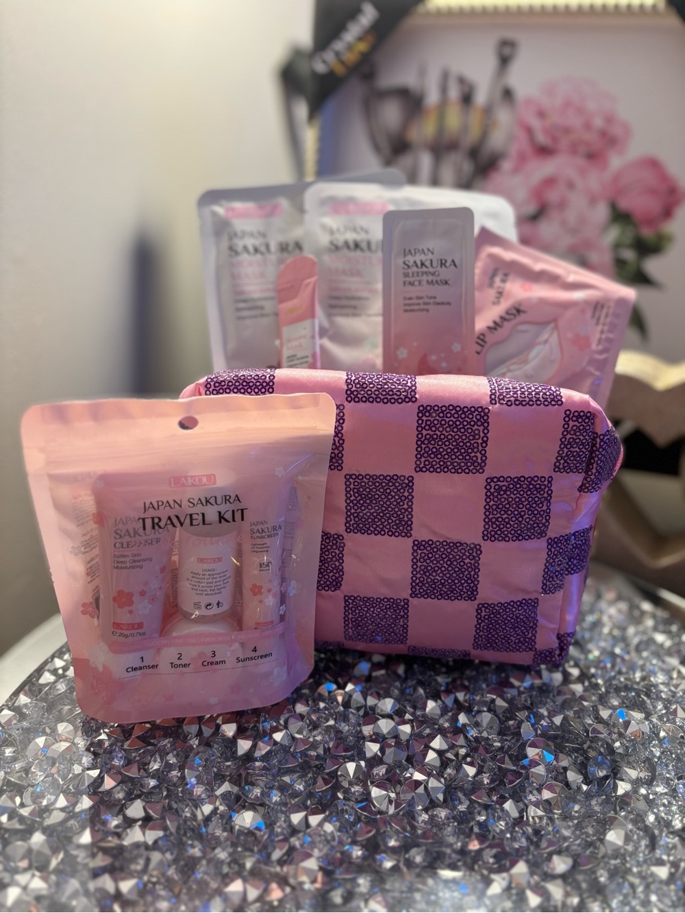 Japan Sakura Pink Travel Kit & Pink Checkered Cosmetic Bag NWT